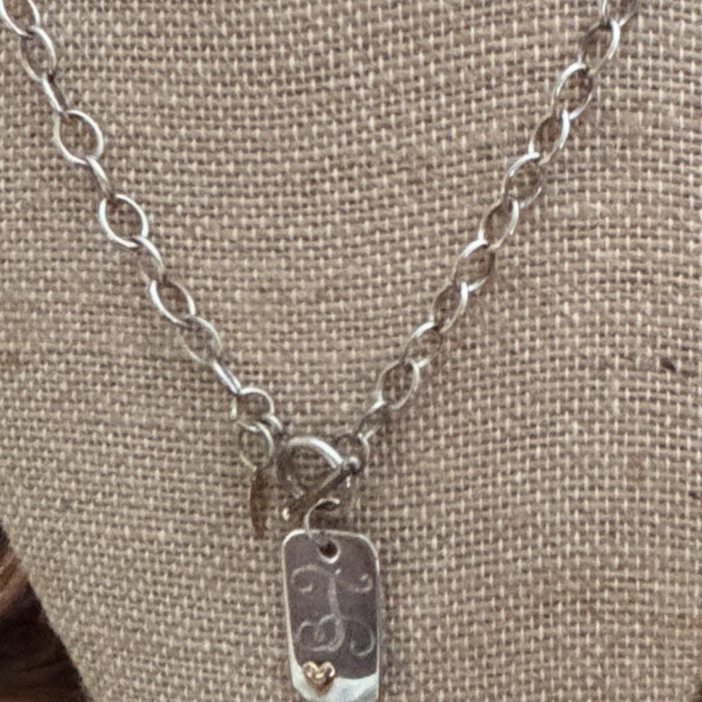 18. JANE BASCH 14K STERLING SILVER DOG TAG TOGGLE NECKLACE HEART MONOGRAM T NEW!